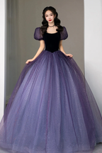 Purple Tulle Short Sleeve Formal Dress Cute A-Line Evening Dress Y4291