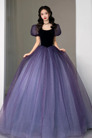 Purple Tulle Short Sleeve Formal Dress Cute A-Line Evening Dress Y4291