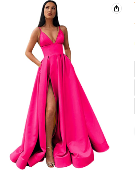 Robe de bal longue en satin à col en V fendu, bretelles spaghetti et poches S14431 