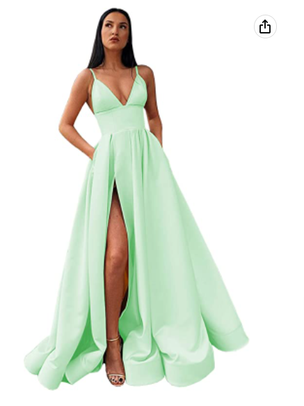 Robe de bal longue en satin à col en V fendu, bretelles spaghetti et poches S14431 