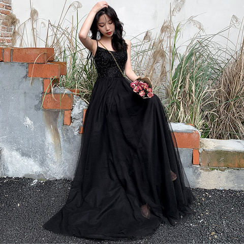 Black tulle beads long prom dress black evening dress Y1134