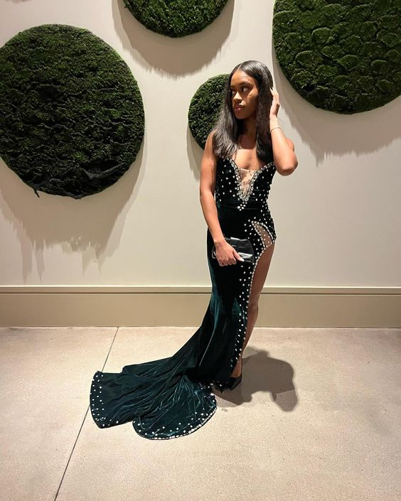 Vestido de fiesta de terciopelo verde, vestido de noche de sirena africana con abertura Y6480