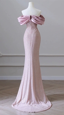 Flesh Pink Sequin Evening Gown Elegant Women's Off Shoulder Party Prom Evening Dress Y6963
