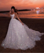 Robe de soirée de bal en tulle à paillettes blanches, coupe trapèze, sans manches, longue robe de plage pour mariage Y8011