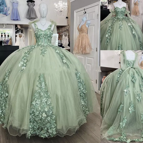 Vestido de quinceañera estilo espagueti con apliques de encaje para mujer, ideal para fiestas de 15 y 16 años (modelo Y3038)