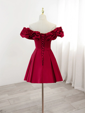 Robe de bal bordeaux trapèze épaules dénudées en satin Y2506
