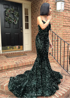 Robe de bal sirène sexy à paillettes, longue robe de soirée vert foncé pour femme, Y4329