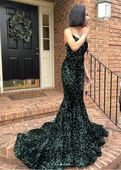 Robe de bal sirène sexy à paillettes, longue robe de soirée vert foncé pour femme, Y4329