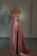 Robe de soirée rose glamour à bretelles spaghetti et décolleté en cœur, fente haute et traîne Y6714