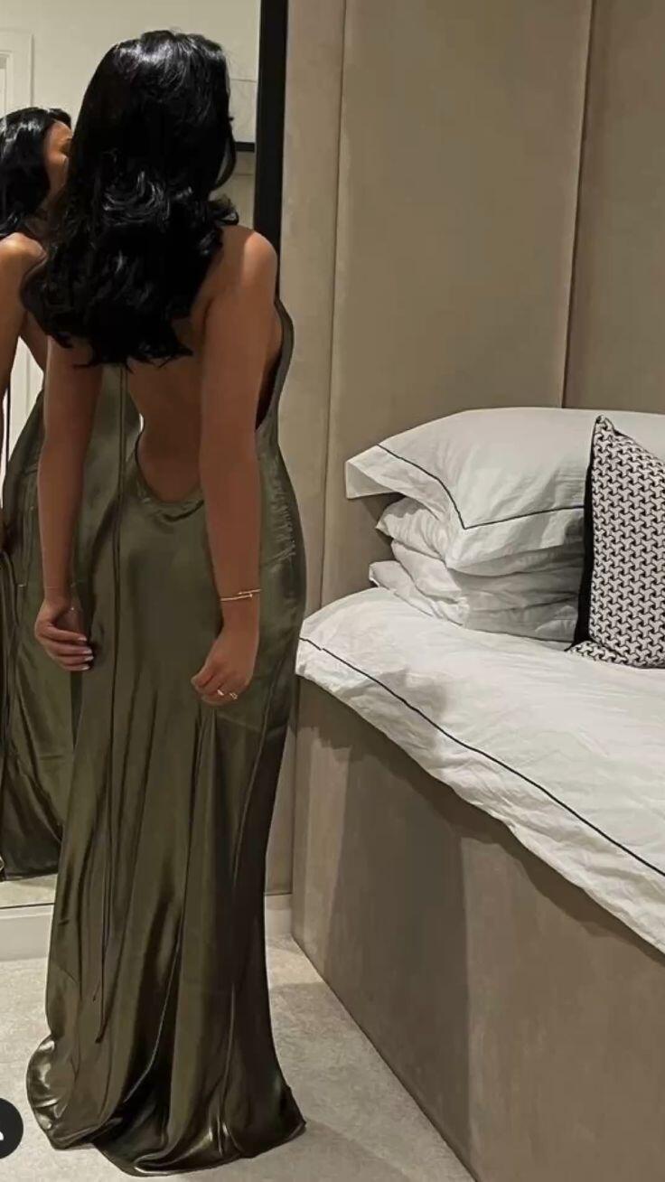 Robe de soirée dos nu vert olive sexy, robe de gala vert olive Y7400