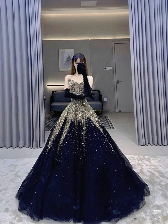 Vestido de baile de tul azul con escote corazón, vestido brillante para quinceañera Y102