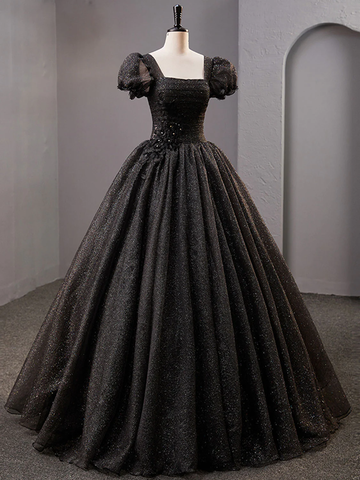 Black Square Neckline Tulle Long Prom Dress Shiny Black Evening Dresses Y4386