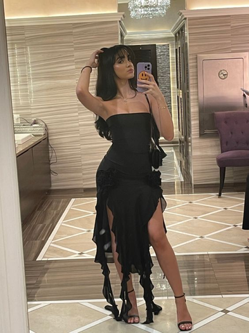 Vestido de noche negro con volantes, corte sirena, sin tirantes, de gasa, para baile de graduación Y7765