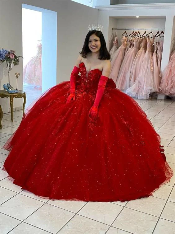 Robes de Quinceañera rouges, décolleté en cœur, applications de dentelle, robe de bal Sweet 16, Y179
