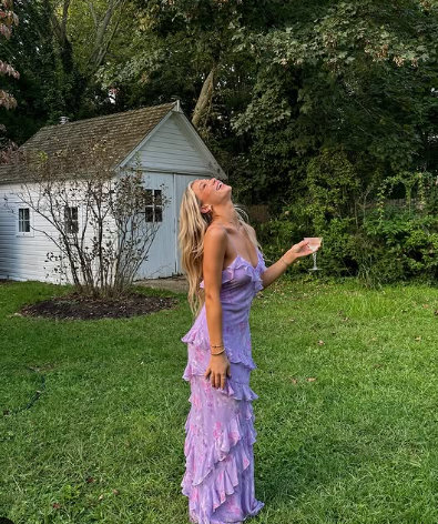 Charming Spaghetti Straps Lavender Chiffon Print Floral Evening Dress Ruffles Long Prom Dress Y8266