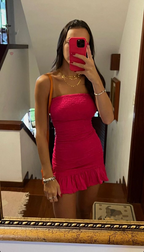 Vestido corto rosa fucsia sin tirantes para fiesta de bienvenida Y2136