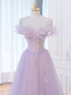 Vestido largo de fiesta morado corte A con hombros descubiertos, vestidos de noche formales morados Y1783