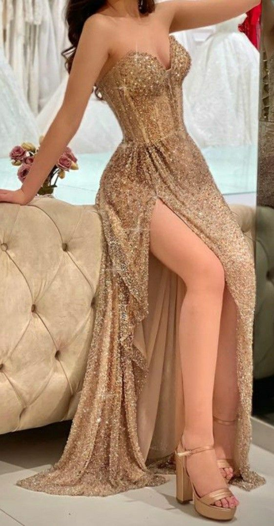 Vestido de fiesta brillante de corte A con escote corazón y abertura, encantador vestido de noche Y6646