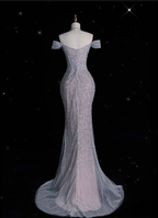 Vestido largo de noche de sirena con hombros descubiertos, tul lila brillante y cuentas, modelo Y8054