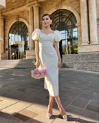 Vestido de novia blanco de estilo retro, largo midi, vestido de compromiso Y5257