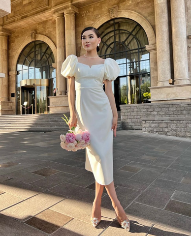 Retro Style White Midi-length Wedding Dress,Engagement Dress Y5257