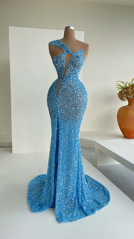 Blue Mermaid Sequins Celebrity Dresses Charming Evening Dress Y31