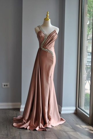 Rose Pink Crystal Beaded Evening Dress One Shoulder Satin Mermaid Long Prom Dress Y8519