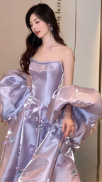 Precioso vestido de fiesta con apliques de satén lila, corte en A, sin tirantes, modelo Y7903