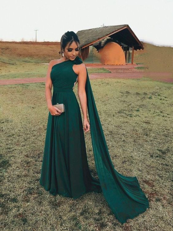 Vestido de noche verde de gasa con un solo hombro Y5774