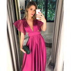 Robe de soirée élégante fuchsia à col en V pour femme Y5036