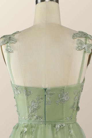 Robe de soirée longue trapèze vert sauge à motif papillon Y2801