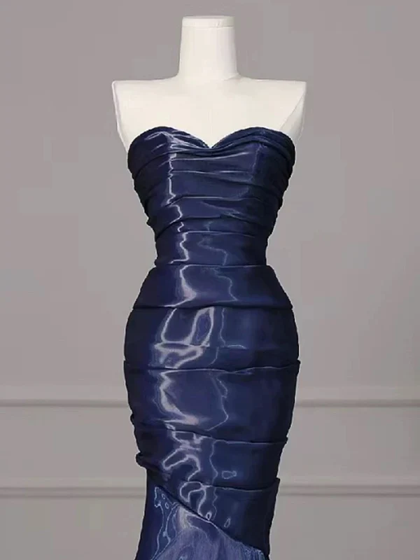 Magnifique robe de soirée sirène bleu marine sans bretelles et plissée Y7987