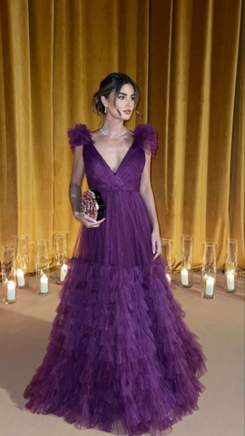 Vestido de fiesta largo de corte A, sexy, morado, con volantes en capas de tul, Y8225