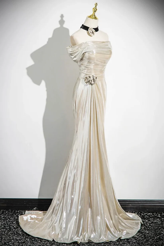 Charming Champagne Off The Shoulder Satin Prom Dress Mermaid Evening Gown Y8202