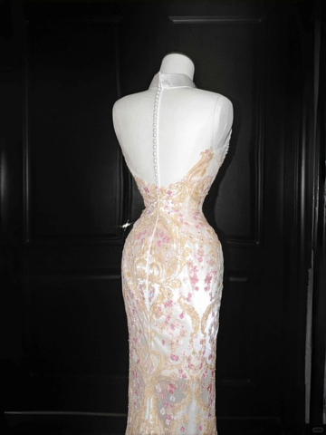 Classy Tulle Appliques Sequins Mermaid Prom Dress Slit Formal Evening Dress Y8661