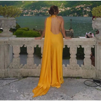 Vestido de noche largo de fiesta, sin espalda y con hombros descubiertos, de satén amarillo Y8466