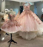 Robe de bal rose poudré à fleurs appliquées, robe de bal en tulle coupe A, robe de quinceañera Y388