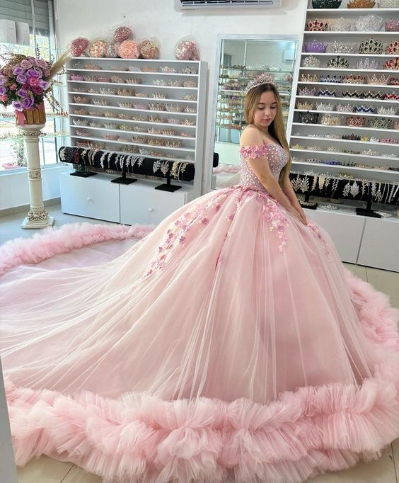 Vestido de quinceañera rosa con volantes, vestido de baile rosa para dulces 16 años Y6053