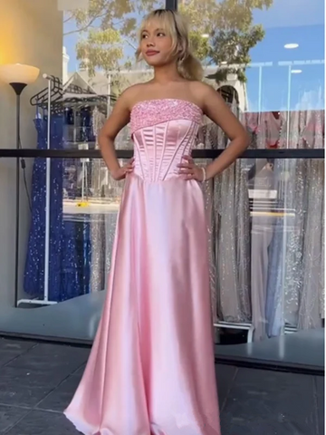 Vestido de noche formal de sirena rosa sin tirantes con cuentas de satén Y7866