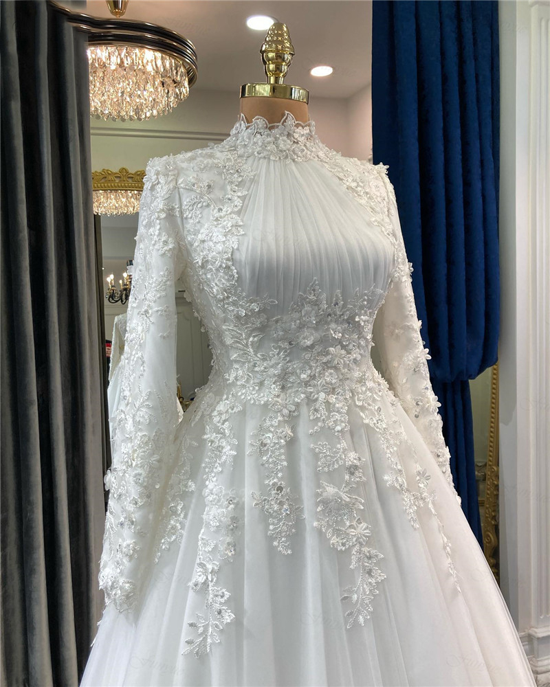 Elegante vestido de novia musulmán con apliques florales, estilo árabe, de Dubái, manga larga, modelo Y4444
