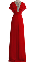 Vestido de noche rojo sexy con escote en V profundo, espalda de gasa con cristales, vestido de noche formal Y1005