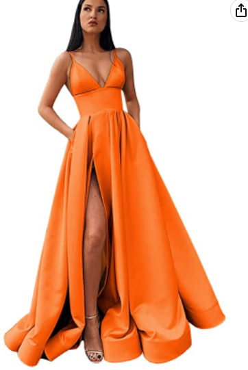 Robe de bal longue en satin à col en V fendu, bretelles spaghetti et poches S14431 
