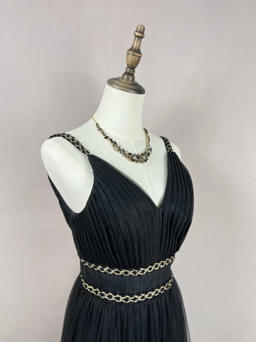 Gorgeous Black Tulle Gold Silk Feathers A Line Prom Dress Formal Evening Dress Y8652