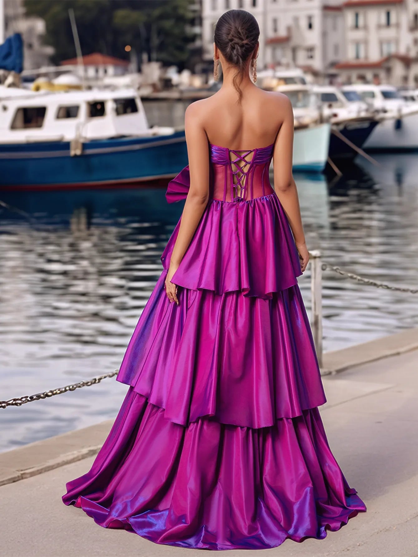 Robe de bal bustier transparent à nœud sur le devant, ornée de cristaux et sans bretelles, à volants étagés