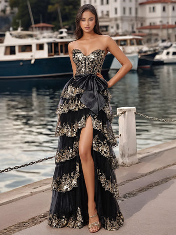 Vestido de fiesta de satén con lazo en la cintura, encaje brillante, sin tirantes, con volantes y falda escalonada.