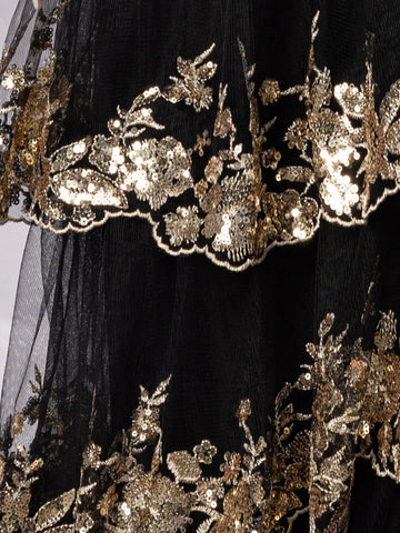 Vestido de fiesta de satén con lazo en la cintura, encaje brillante, sin tirantes, con volantes y falda escalonada.