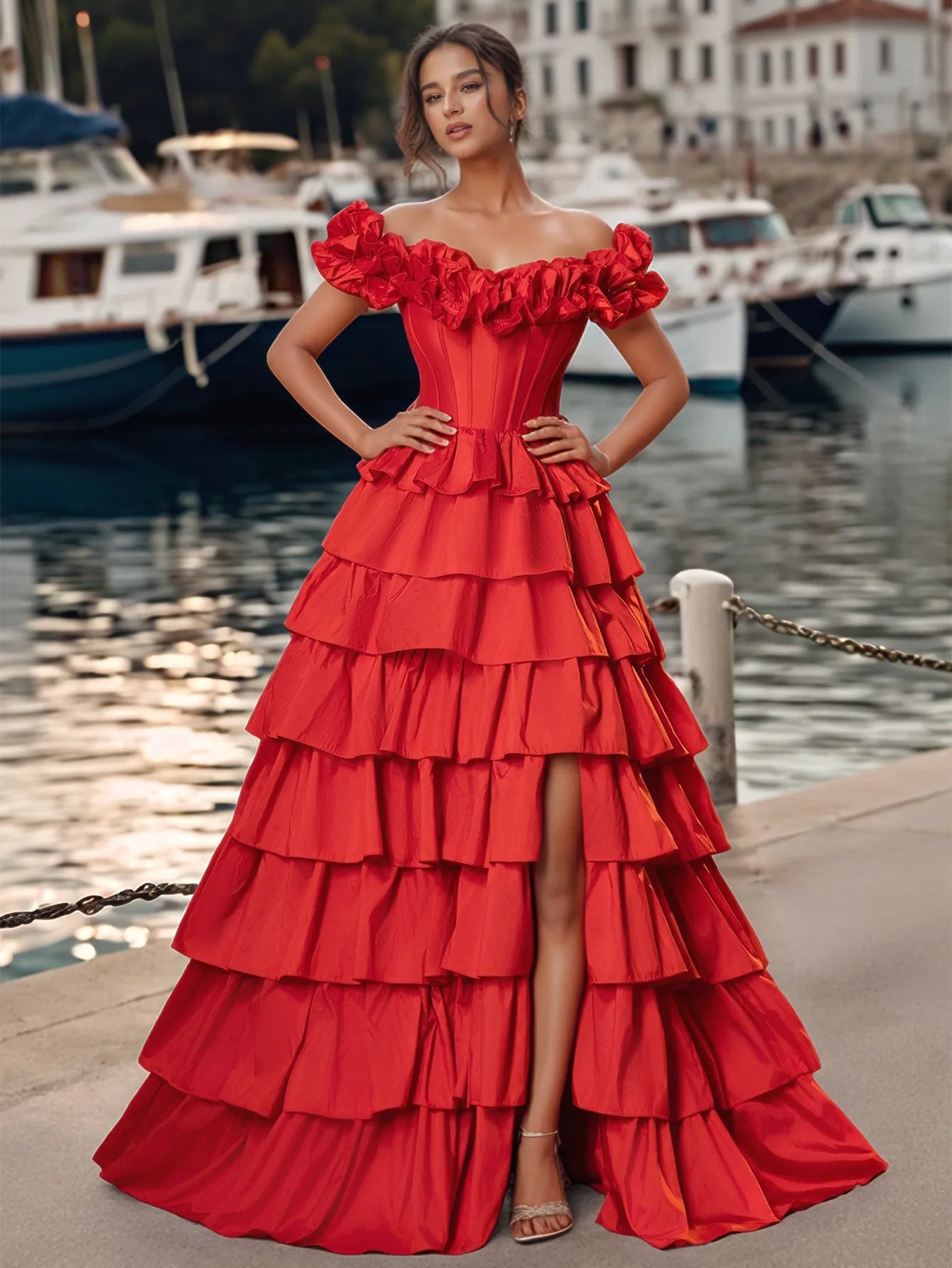 Robe de bal à épaules dénudées, à volants et fente