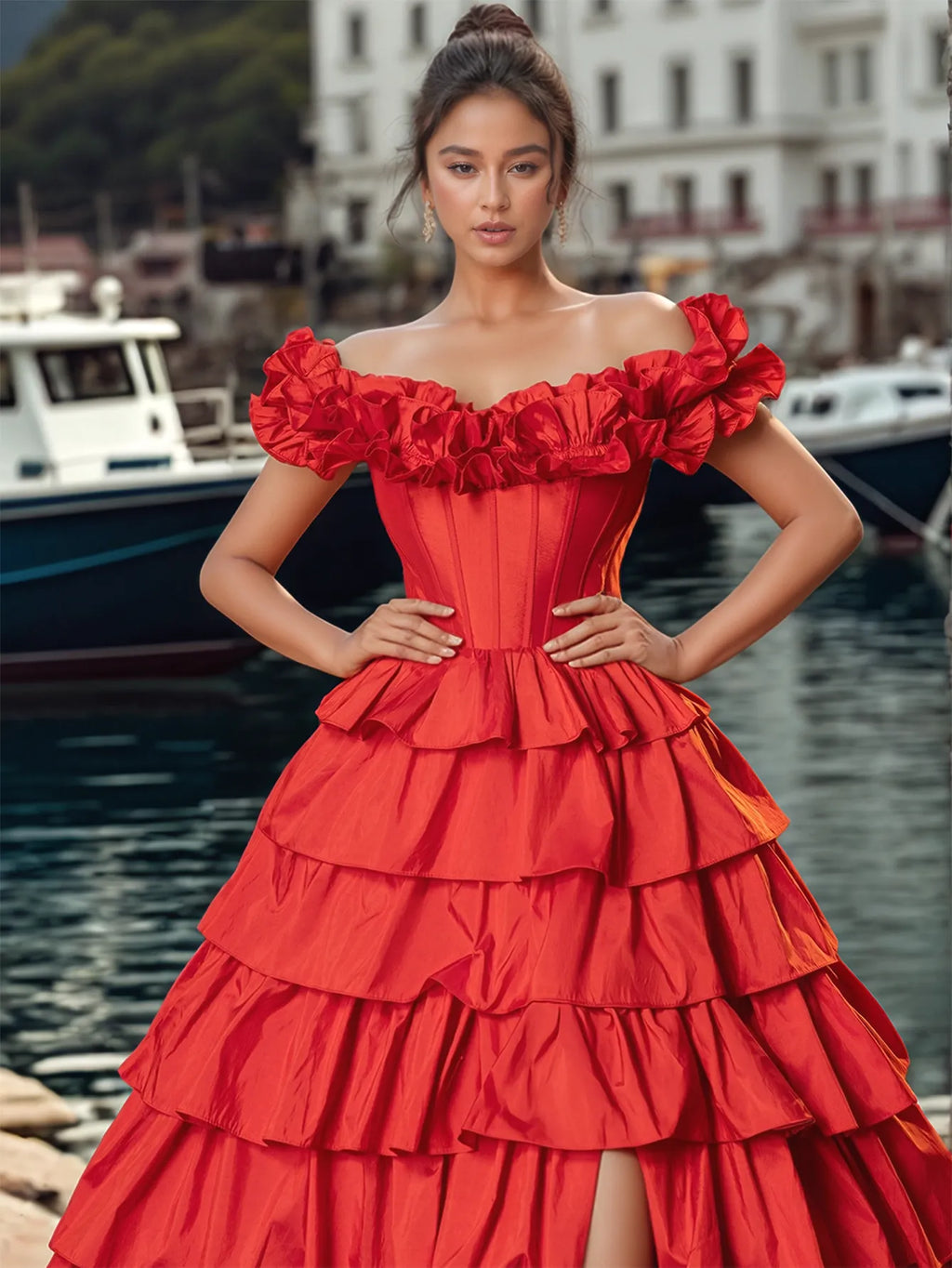 Robe de bal à épaules dénudées, à volants et fente