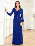 Luxury Long Sleeve V-Neck Evening Dress 2025 Women Wedding Party Sequins For Female Guests Red Prom Cocktail Dresses