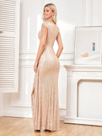 Vestido de noche elegante para mujer con escote en V, lentejuelas, abertura, pedrería, estilo maxi largo, ideal para fiestas de graduación, cócteles, bodas y eventos formales.